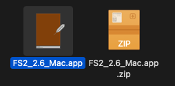 展開すると「FS2_バージョン_Mac.app」というファイルが作成されますので、実行してください。