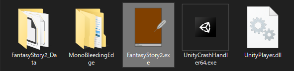 展開したフォルダには2つのフォルダと3つのファイルがあります。このうち「FantasyStory2.exe」を実行してください。