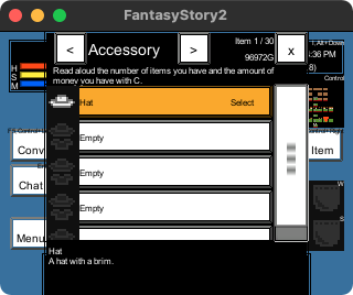The accessory window shows a list of the accessory items you are currently wearing. Use the left and right keys to switch between item, equipment, and accessory windows. Also, use the information button (C key) to read aloud the current number of items you have and the money you have.