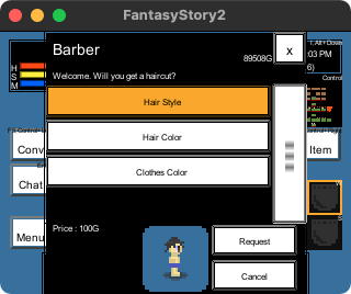The items in the barber window are, from top to bottom, 'Hair style', 'Hair color', 'Clothes color' list items, 'Request' button, and 'Cancel' button . Also, use the information button (C key) to read aloud the price.