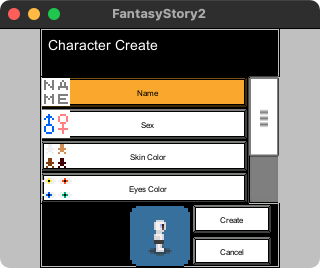 The items in the character create window are, from top to bottom, 'name', 'sex', 'skin color', 'eyes color', 'hairstyle', 'hair color', 'clothes color' list items, and 'create' and 'cancel' buttons.