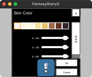 The items in the skin color window are, from top to bottom, the 'Skin color' color palette, 'R', 'G', and 'B' sliders, and the 'OK' and 'Cancel' buttons.