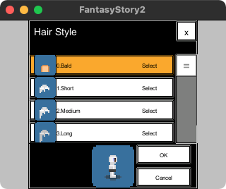 The items in the hairstyle window are, from top to bottom, the 'Hairstyle' list items, and the 'OK' and 'Cancel' buttons.