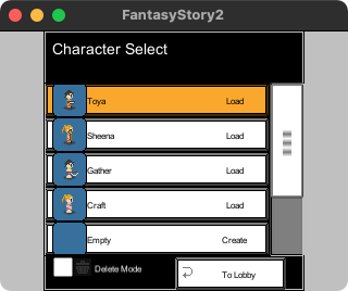 The items in the character select window are, from top to bottom, '8 character slots' list items and a 'to lobby' button. There is a 'delete mode' toggle in the left of the 'to lobby' button.