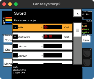 The sword window shows a list of items that can be crafted. The top is the knife.