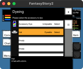 The dyeing window shows a list of items you have.