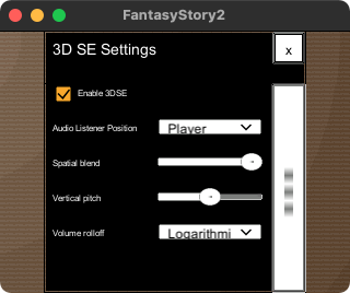 The items in the 3D SE settings window are, from top to bottom, 'Enable 3D SE' toggle, 'Audio Listener Position' dropdown, 'Spatial Blend' slider, 'Vertical Pitch' slider, and 'Volume Rolloff' dropdown.