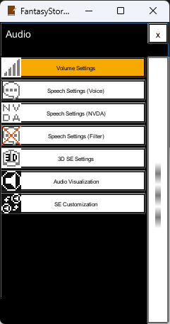 The list items in the audio category are, from top to bottom, 'volume settings', 'speech settings (voice)', 'speech settings (NVDA)', 'speech settings (filter)', '3D SE settings', 'audio visualization', and 'SE customization'.