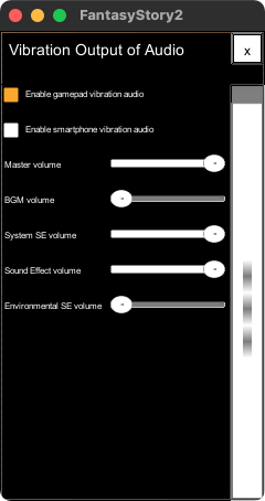The items in the vibration output of audio window are, from top to bottom, the 'Enable Gamepad Vibration Audio' toggle, the 'Enable Smartphone Vibration Audio' toggle, the 'Master Volume' slider, the 'BGM Volume' slider, and the 'System SE volume' slider, 'Sound effect volume' slider, and 'Environment SE volume' slider.