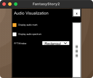 The items in the audio visualization settings window are, from top to bottom, 'display Audio Mark' toggle, a 'display audio spectrum' toggle, and 