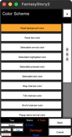 The items in the color scheme window are, from top to bottom, 'panel background color', 'panel text color', 'selectable normal color', 'selectable highlighted color', 'selectable pressed color', 'selectable text color', 'map chat text color', 'tell chat text color', 'world chat text color', 'popup name normal color', 'popup name A team color', 'popup name B team color', 'popup name shadow color', 'popup damage color', 'popup heal color', 'audio spectrum color' list items, 'apply' button, and 'cancel' button.