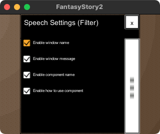 The items in the speech settings (filter) window are, from top to bottom, 'enable window name' toggle, 'enable window messages' toggle, 'enable component names' toggle, and 'enable how to use component' toggle.