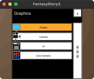 The list items in the graphics category are, from top to bottom, 'display', 'camera', 'UI', and 'color scheme'.