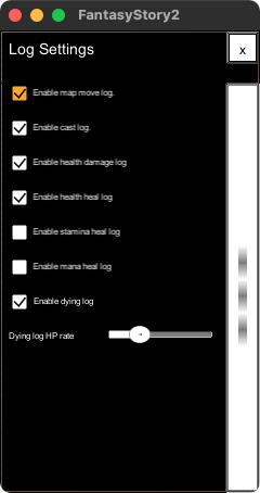 The items in the log settings window are, from top to bottom, 'enable map move log' toggle, 'enable cast log' toggle, 'enable health damage log' toggle, 'enable health heal log' toggle, 'enable stamina heal log' toggle, 'enable mana heal log' toggle, 'enable dying log' toggle and 'dying log HP rate' slider.