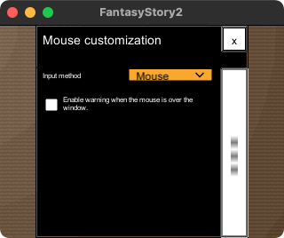 The items in the mouse customization window are, from top to bottom, 'input method' dropdown, 'enable warning when the mouse is over the window' toggle, 'edge width of touch gesture (%)' slider, 'edge height of touch gesture (%)' slider, 'change attack to pocket 1' toggle, 'use potions automatically' toggle, and 'get drops automatically' toggle.