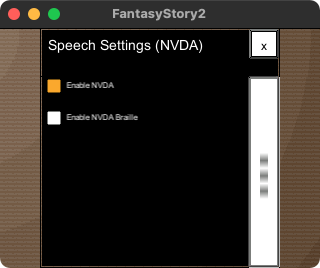 The items in the Speech Settings (NVDA) window are, from top to bottom, the 'Enable NVDA' toggle and 'Enable NVDA Braille' toggle.