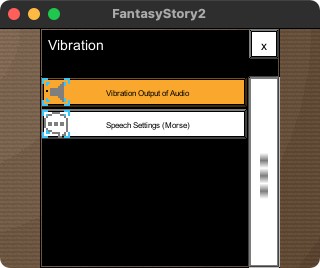 The list items in the vibration category are, from top to bottom, 'vibration output of audio' and 'speech settings (morse)'.