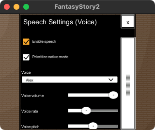 The items in the speech settings (voice) window are, from top to bottom, 'Enable speech' toggle, 'Prioritize native mode' toggle, 'voice' dropdown, 'voice volume' slider, 'voice rate' slider, 'voice pitch' slider, .