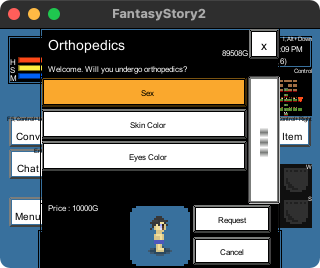 The items in the orthopedics window are, from top to bottom, 'Sex', 'Skin color', 'Eyes color' list items, 'Request' button, and 'Cancel' button. Also, use the information button (C key) to read aloud the price.