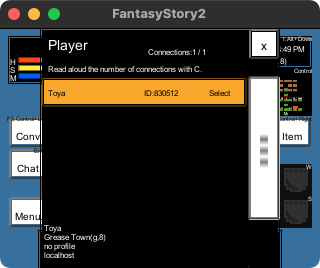 The player window shows a list of logged-in players. Also, use the information button (C key) to read aloud the number of connections.