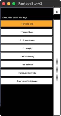 The list items in the player menu are, from top to bottom, 'Personal chat', 'Teleport there', 'Look appearance', 'Look equip', 'Look accessory', 'Add it to filter', 'Remove it from filter', and 'Copy name to clipboard'.