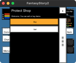 The list items in the protect shop window are, from top to bottom, 'buy' and 'sell'.