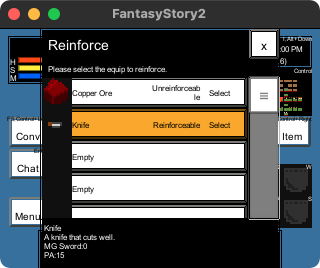 The reinforce window shows a list of items you have.