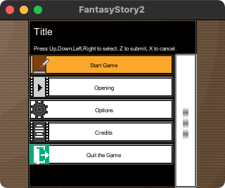 The list items in the title window are, from top to bottom, 'start game', 'opening', 'options', 'credits' and 'quit the game'.