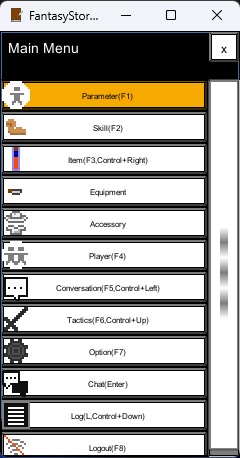 The list items in the menu window are, from top to bottom, 'parameter', 'skill', 'item', 'equipment', 'accessory', 'player', 'conversation', 'tactics', 'options', 'chat', 'log' and 'logout'.